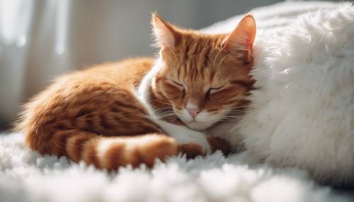A cute red cat sleeping peacefully on a fluffy white rug.