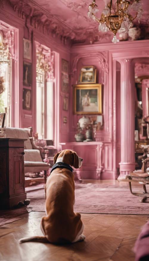 一只勇敢的粉红色小猎犬正在一座精致的维多利亚式豪宅中嗅探线索。
