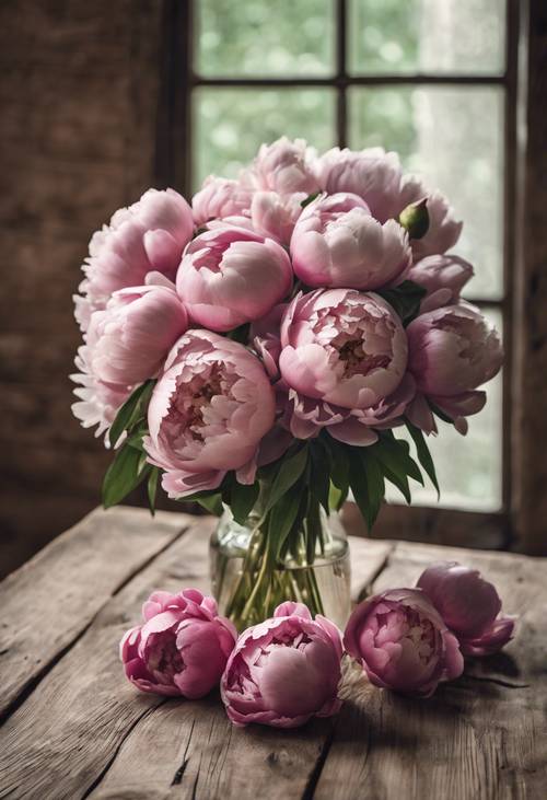 A peony bouquet centered on a rustic wooden table.