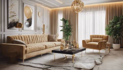 Altın detaylara ve minimalist estetiğe sahip modern bir oturma odası.