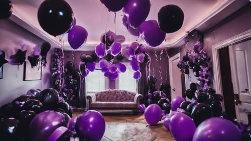 View of a Y2K themed house party where the room is filled with black and purple balloons and streamers