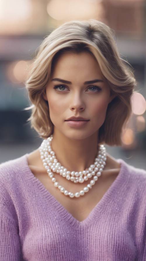A stylish preppy woman wearing a pastel purple cashmere sweater and pearl necklace.