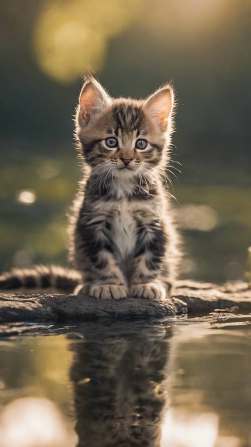 Seekor anak kucing American Bobtail menatap pantulan dirinya di kolam yang tenang dan jernih.