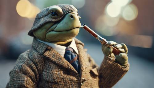 Eine Schildkröte in einer Tweedjacke, die eine Pfeife hält und an einen adretten Professor erinnert.