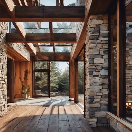 Das Äußere eines modernen rustikalen Hauses, das Holz-, Stein- und Glaselemente vereint.