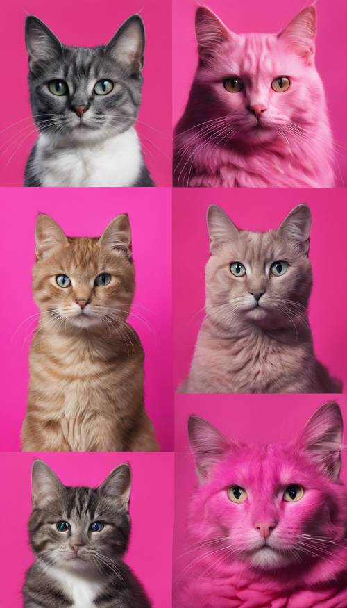 Un collage de color rosa intenso con diversas razas de gatos.