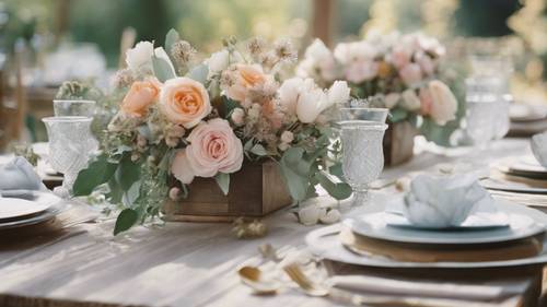 Rustykalne nakrycie stołu ozdobione pastelowymi kwiatowymi ozdobami.