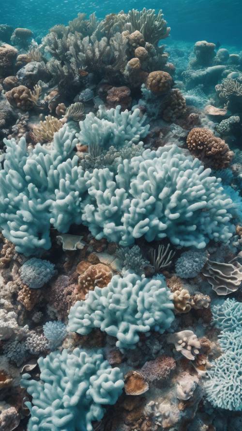 낮에는 수정처럼 맑은 바다에 있는 연한 푸른 산호초의 상쾌한 공중 전망.