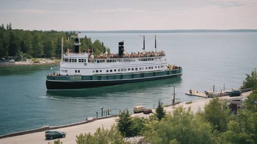 Balsas tradicionais transportam visitantes para a Ilha Mackinac, sem automóveis, em Lake Huron, Michigan.