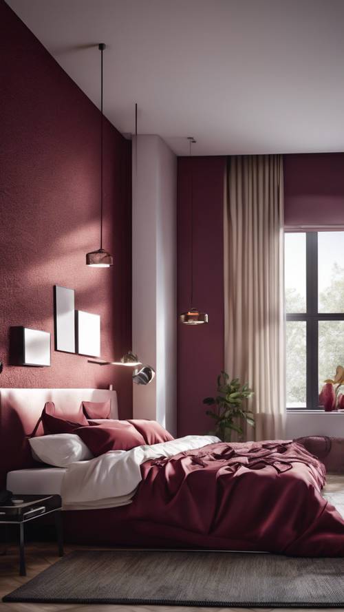 Kamar tidur modern bertema merah anggur dengan tempat tidur nyaman, pencahayaan sejuk tidak langsung, dan furnitur minimalis.