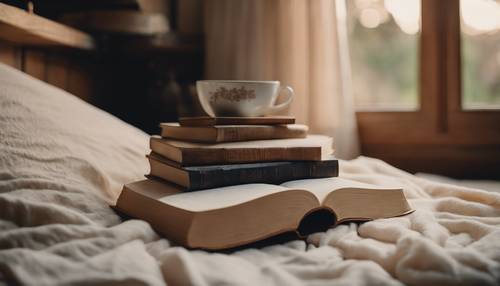 舒适的阅读角落，铺着柔软的奶油色亚麻布，附近有一堆珍贵的书籍。
