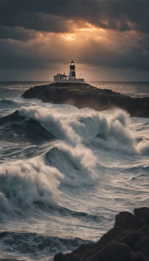 A dramatic sunset over a stormy ocean with large waves crashing into a lonely lighthouse.