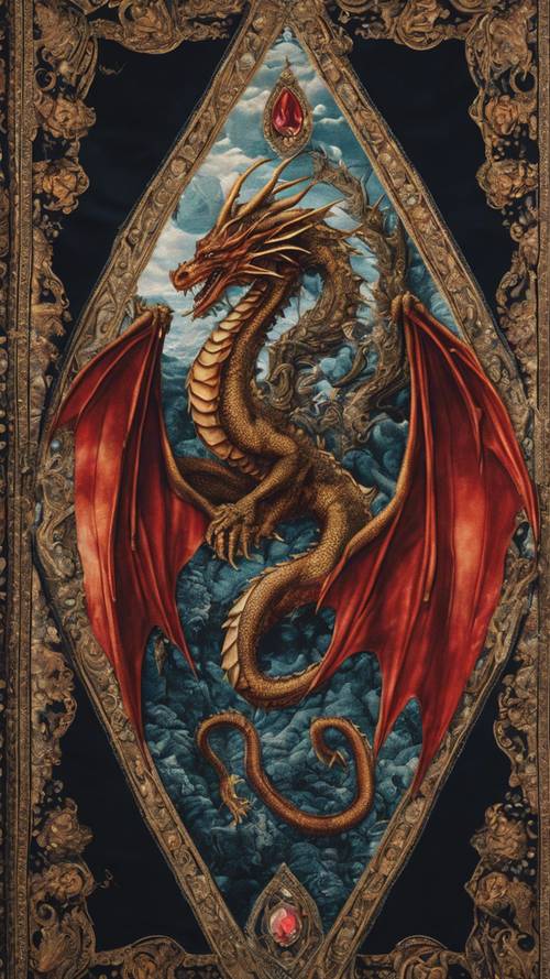 A tapestry depicting a dragon guarding a diamond.