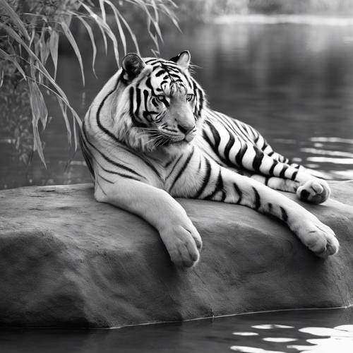 Ein ruhiger, in der Zeit eingefrorener Moment – ​​ein schwarz-weißer Tiger, der träge auf einem Felsbrocken am Flussufer liegt.