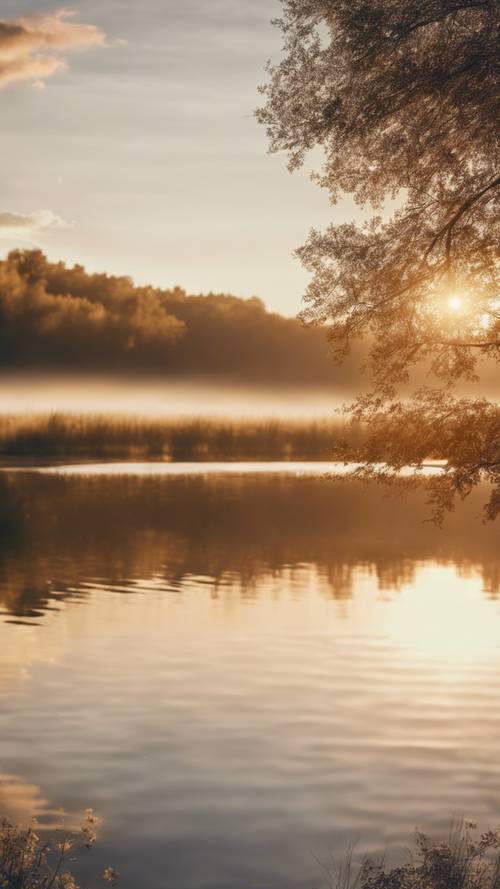 A scenic view of a calm, tranquil lake sat beneath a sunset, with the sun's golden-hued rays reflecting gently off the water surface.