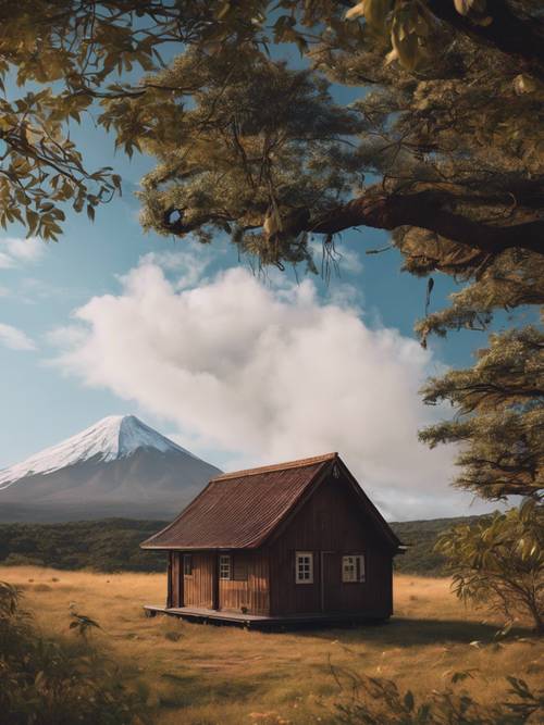 A lonely wood cabin situated at the foot of a peaceful volcano.