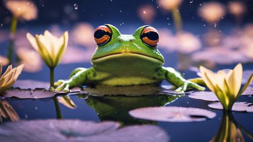 一隻可愛的卡哇伊青蛙在月光下在睡蓮葉上跳舞。