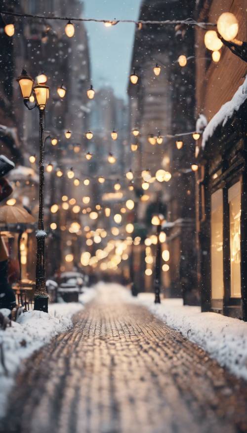 Una vivace strada cittadina con la neve che cade, le luci di Natale scintillanti e la gente che corre per lo shopping dell&#39;ultimo minuto.