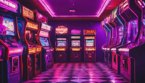 Una sala giochi deserta a tema neon viola negli anni &#39;80.