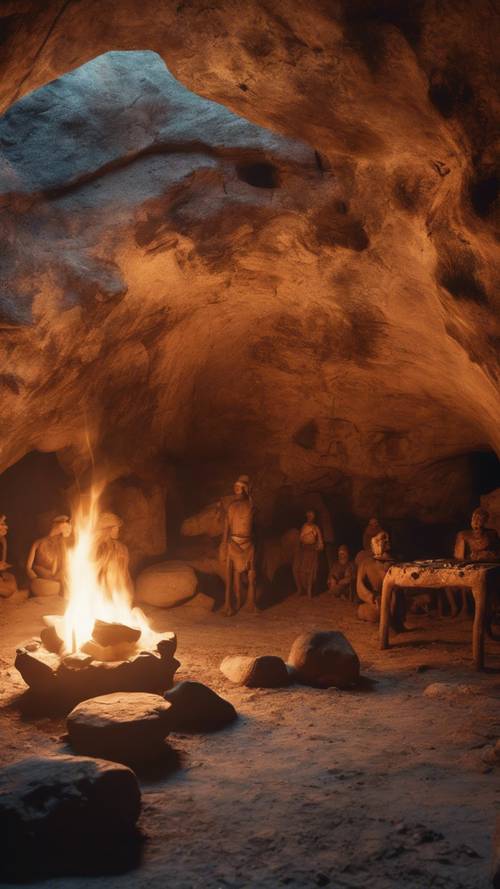 史前洞穴被篝火溫暖的光芒照亮，火光在裝飾有原始壁畫的洞穴牆壁上投下陰影。