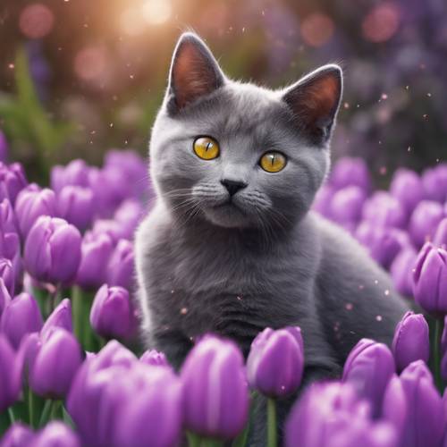 Kotek Chartreux o błyszczących miedzianych oczach, położony w grządce fioletowych tulipanów głęboko w zaczarowanym lesie.