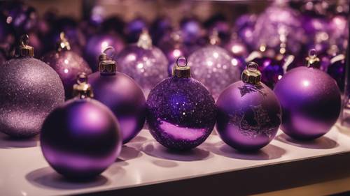 Sklep z pamiątkami oferujący szeroką gamę pięknych, ręcznie robionych fioletowych bombek świątecznych.