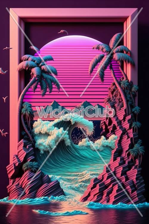 Sunset Wave and Palm Trees Scene