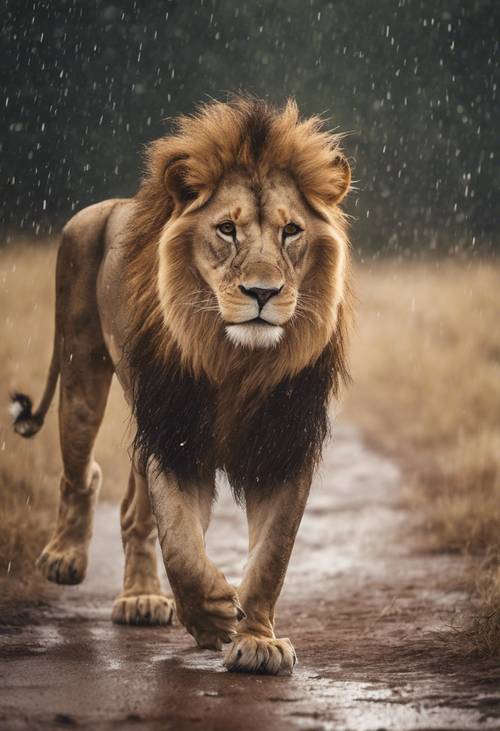 A lion walking majestically across the savannah during a torrential rain.