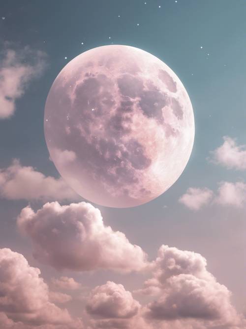 Ein kleiner pastellfarbener Mond an einem Himmel voller glänzender, flauschiger Zuckerwattewolken.