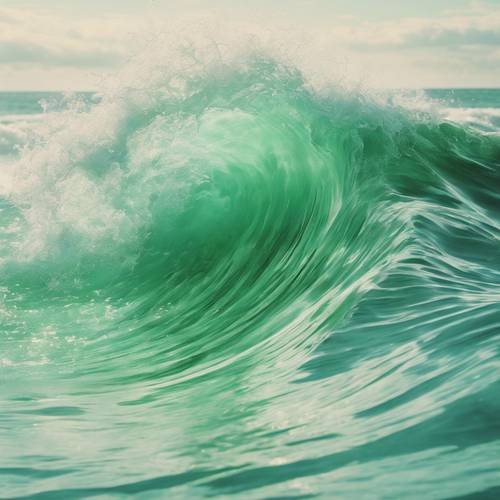 Une peinture abstraite d’une vague de mer dans des tons vert pastel.