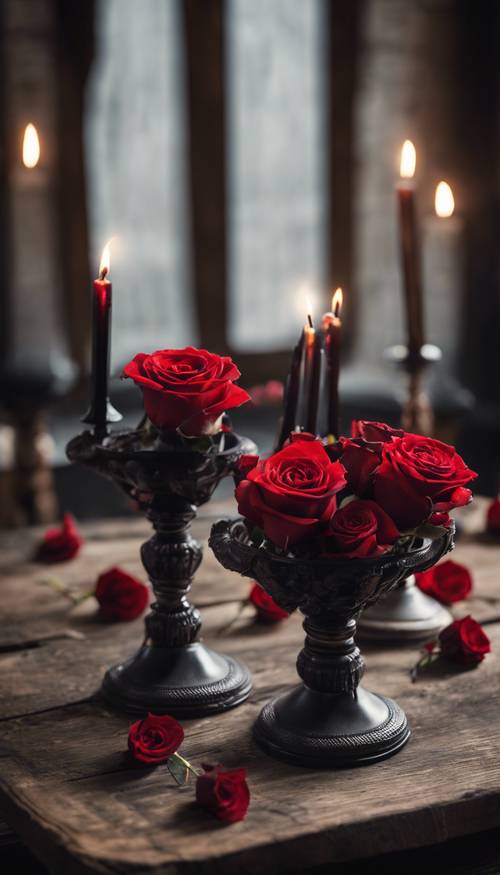 Ein Stillleben aus schwarzen Kerzen und roten Rosen auf einem alten gotischen Holztisch.