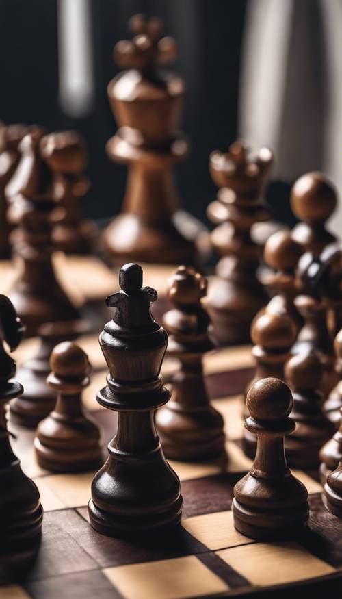 Dark wooden chess pieces on a traditional chess board.