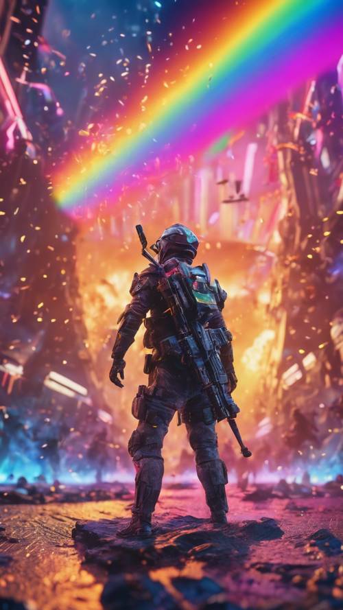 A vibrant gaming scene with detailed characters engaged in an epic battle on a futuristic rainbow-colored battlefield.