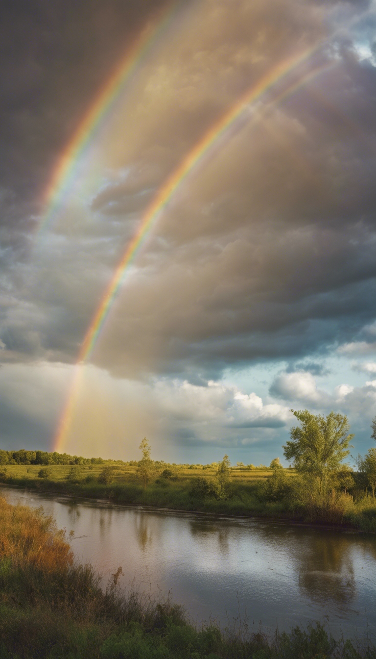A bright, colorful rainbow arcing against a dramatic, cloudy sky. duvar kağıdı[d7aba2463df9422dab6b]