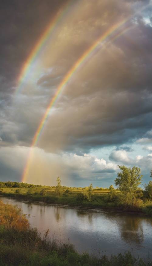 A bright, colorful rainbow arcing against a dramatic, cloudy sky.