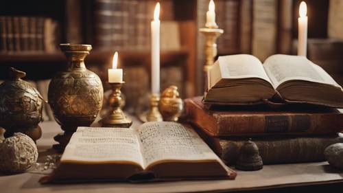 A theologian's study filled with various versions of religious texts, symbols, and spiritual artifacts.