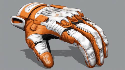 一双橙色和白色的游戏手套，针对触摸屏设备进行了优化。
