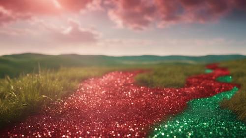 Path of shiny green and red glitter towards the horizon