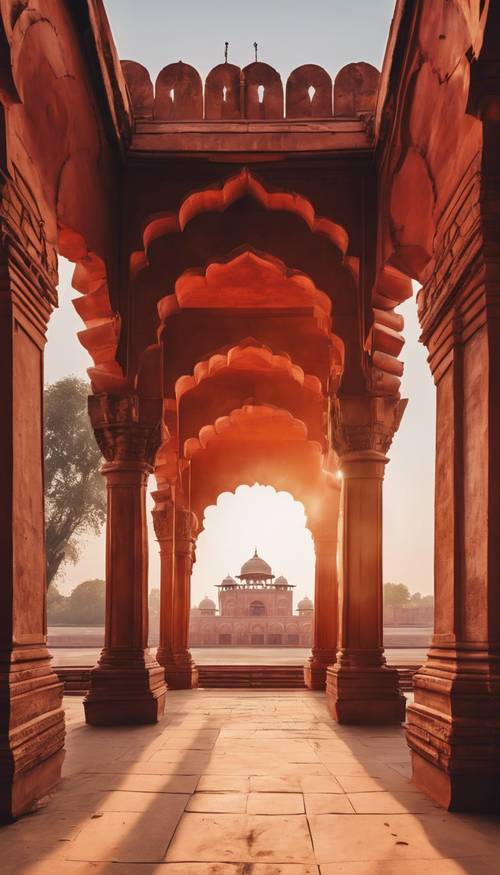 Immagine panoramica dello storico Forte Rosso di Delhi all&#39;alba, con brillanti tonalità rosse e arancioni. Sfondo [fd37375ee9b84c0ebc83]