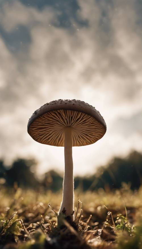 A view from below of a mushroom cap, seeing the silhouette against a nostalgic, sunny sky.