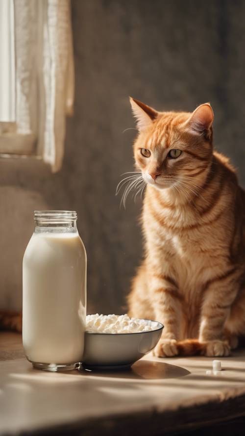 Seekor kucing kucing berwarna oranye terang duduk di samping semangkuk susu.