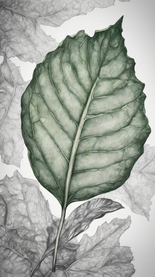 A pencil sketch of a green leaf with every detail meticulously crafted.