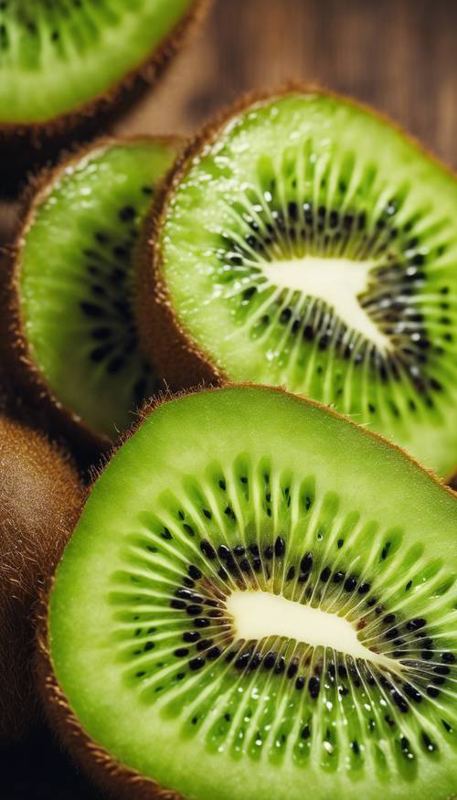 A ripe kiwi fruit cut in half illustrating the bright green interior.