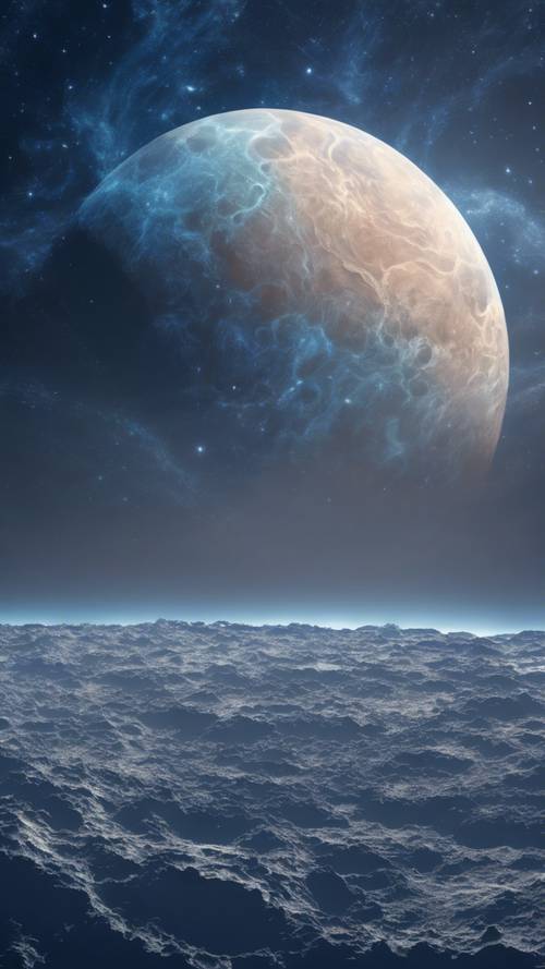 Sao Hải Vương nhìn từ một trong các mặt trăng của nó, với màu xanh đậm và cấu trúc đám mây cao.