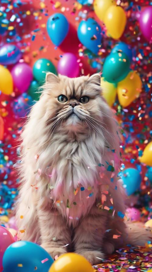 팝아트에서 영감을 받은 이미지는 복슬복슬한 페르시아 고양이가 화려한 색종이 조각과 풍선에 둘러싸여 파티를 즐기고 있는 모습입니다.