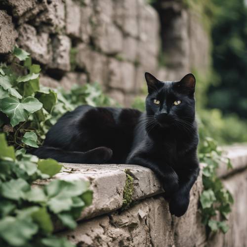 Eine schwarze Katze, die träge auf einer bröckelnden, mit Efeu bewachsenen römischen Mauer liegt.