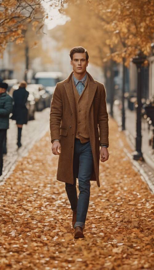 A young, attractive man dressed in a preppy boho style, walking down a cobblestone street with autumn leaves scattered about.