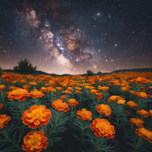 A bright French Marigold bloom under a brilliant starry sky