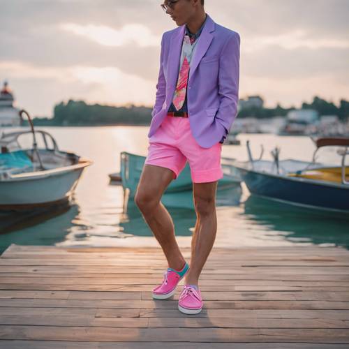 Um terno neon formal com shorts elegantes e sapatos de barco de cores vivas.