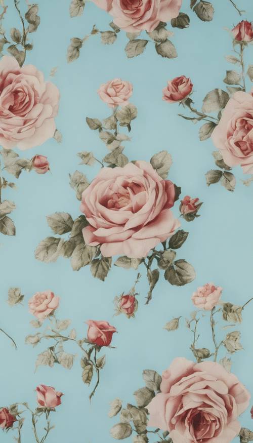 Um pedaço de tecido floral vintage com pequenas rosas espalhadas sobre fundo azul pastel claro.